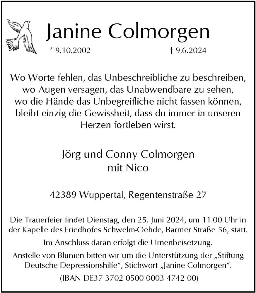  Traueranzeige für Janine Colmorgen vom 22.06.2024 aus Tageszeitung