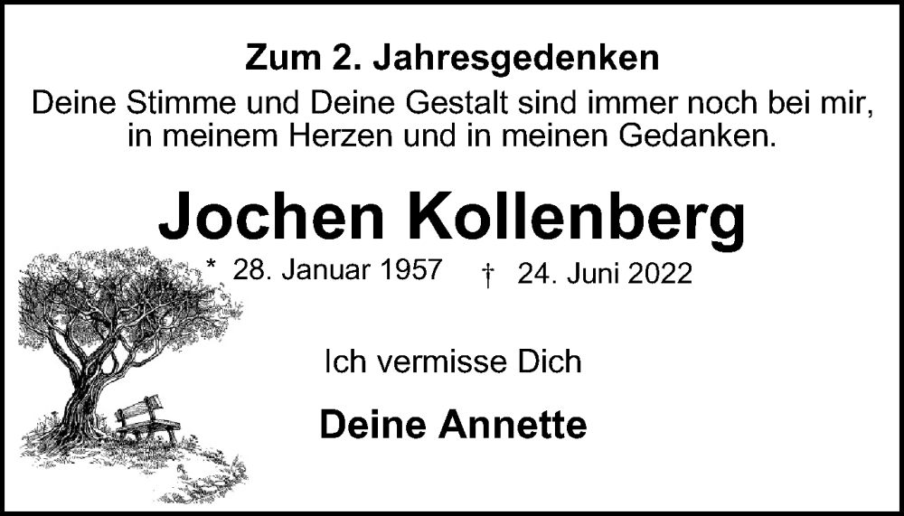  Traueranzeige für Jochen Kollenberg vom 24.06.2024 aus Tageszeitung
