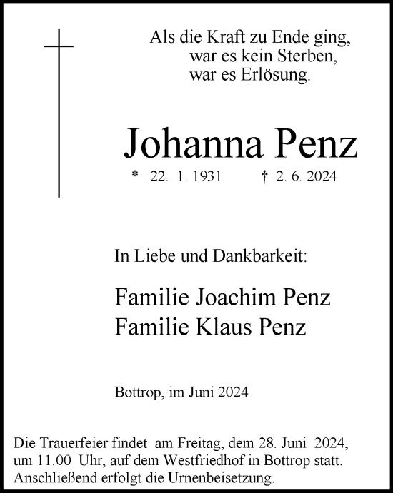 Traueranzeige von Johanna Penz von Tageszeitung