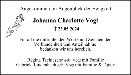 Traueranzeige von Johanna Charlotte Vogt von Tageszeitung