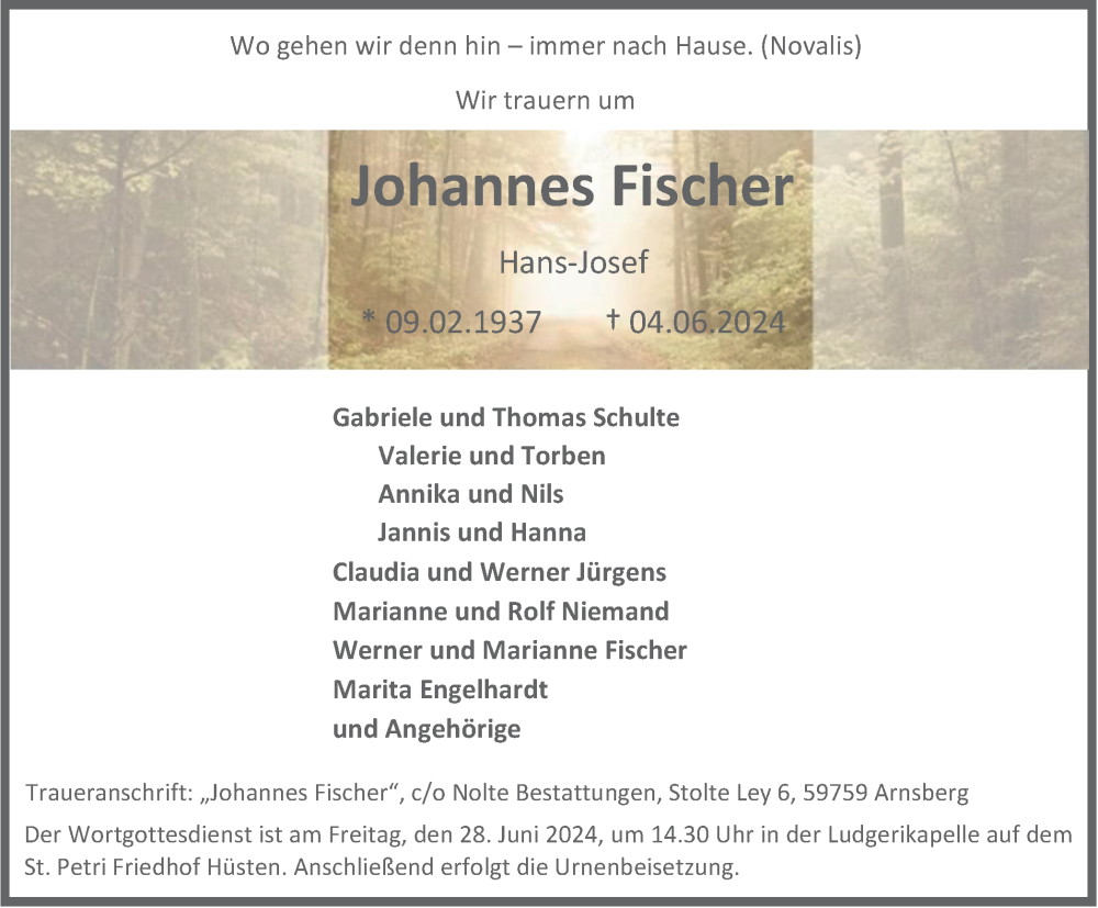  Traueranzeige für Johannes Fischer vom 15.06.2024 aus Tageszeitung