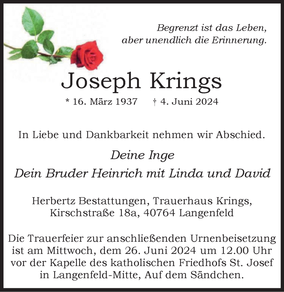  Traueranzeige für Joseph Krings vom 22.06.2024 aus Tageszeitung
