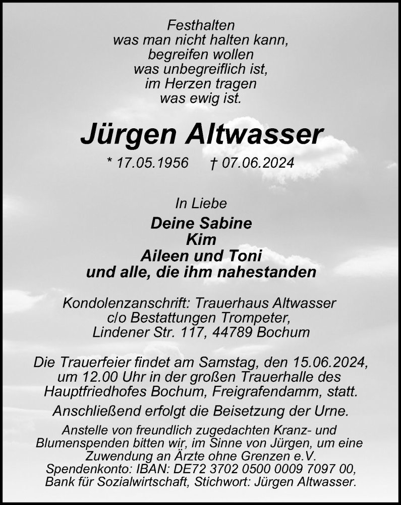  Traueranzeige für Jürgen Altwasser vom 12.06.2024 aus Tageszeitung
