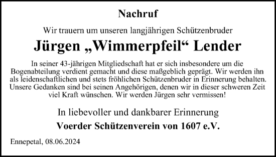 Traueranzeige von Jürgen „Wimmerpfeil“ Lender von Tageszeitung