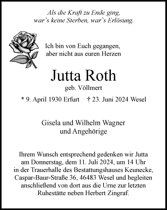 Traueranzeige von Jutta Roth von Tageszeitung