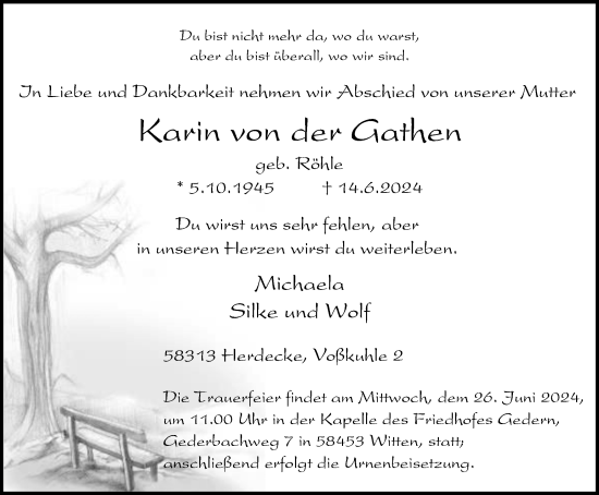 Traueranzeige von Karin  von der Gathen von Tageszeitung