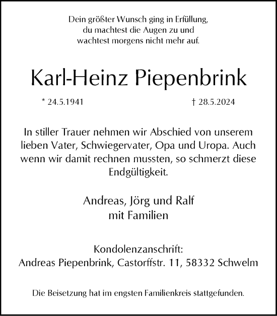 Traueranzeige von Karl-Heinz Piepenbrink von Tageszeitung