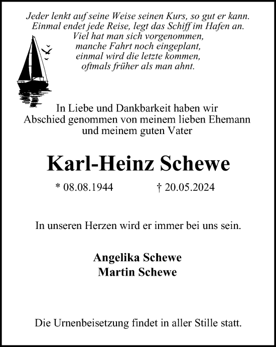 Traueranzeige von Karl-Heinz Schewe von Tageszeitung