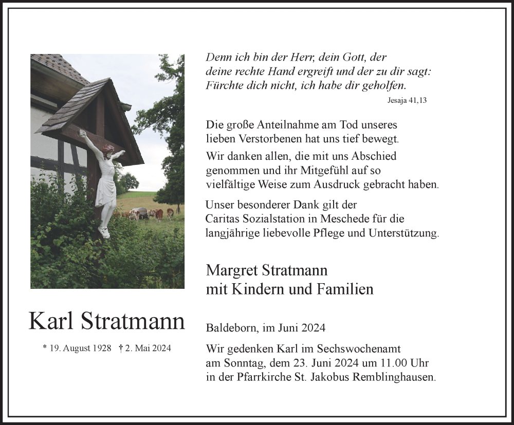 Traueranzeige für Karl Stratmann vom 15.06.2024 aus Tageszeitung
