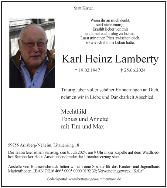 Traueranzeige von Karl Heinz Lamberty von Tageszeitung