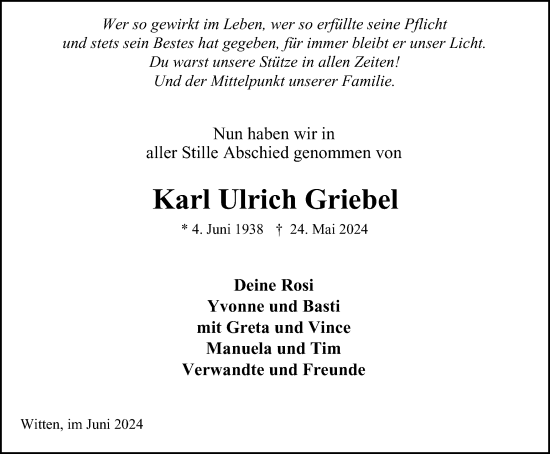 Traueranzeige von Karl Ulrich Griebel von Tageszeitung