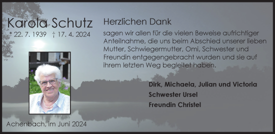 Traueranzeige von Karola Schutz von Tageszeitung