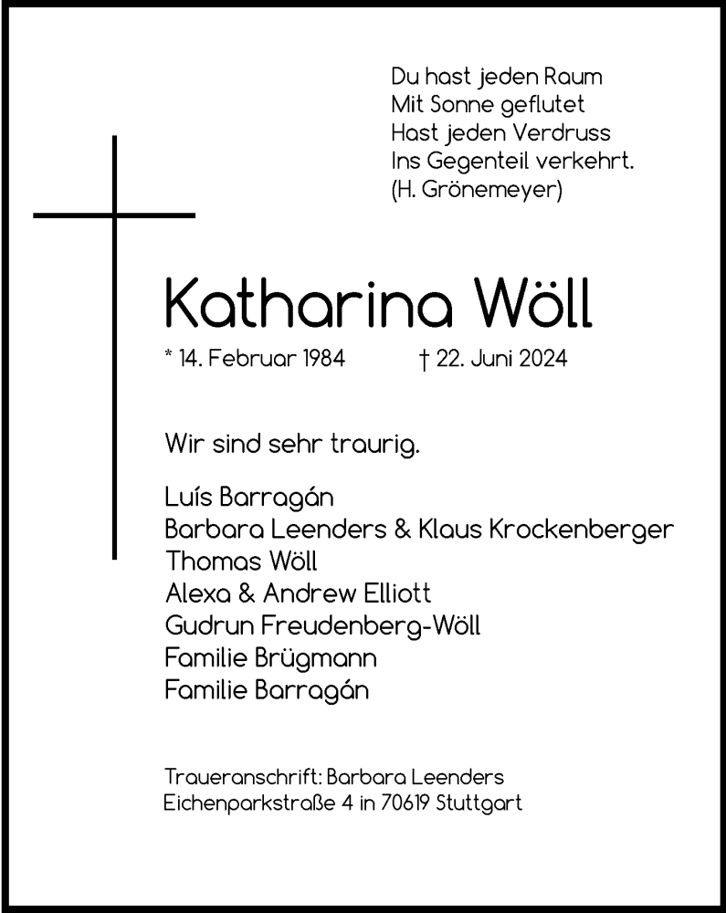 Traueranzeige für Katharina Wöll vom 29.06.2024 aus Tageszeitung