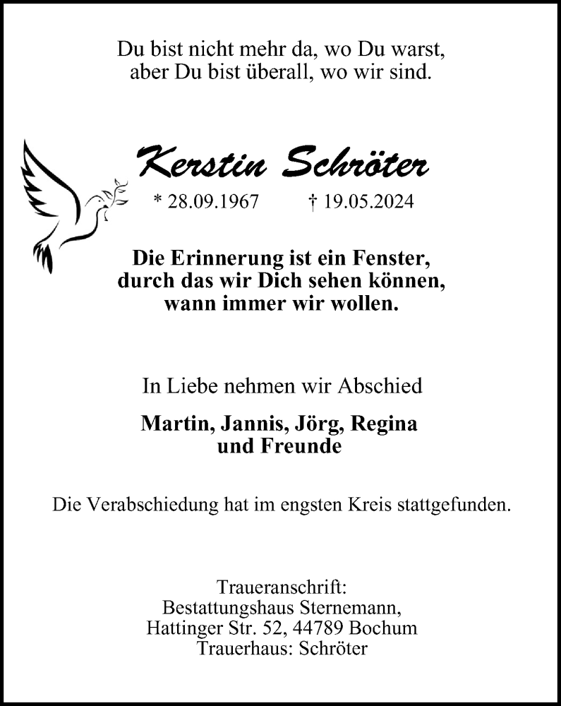  Traueranzeige für Kerstin Schröter vom 08.06.2024 aus Tageszeitung