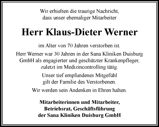 Traueranzeige von Klaus-Dieter Werner von Tageszeitung