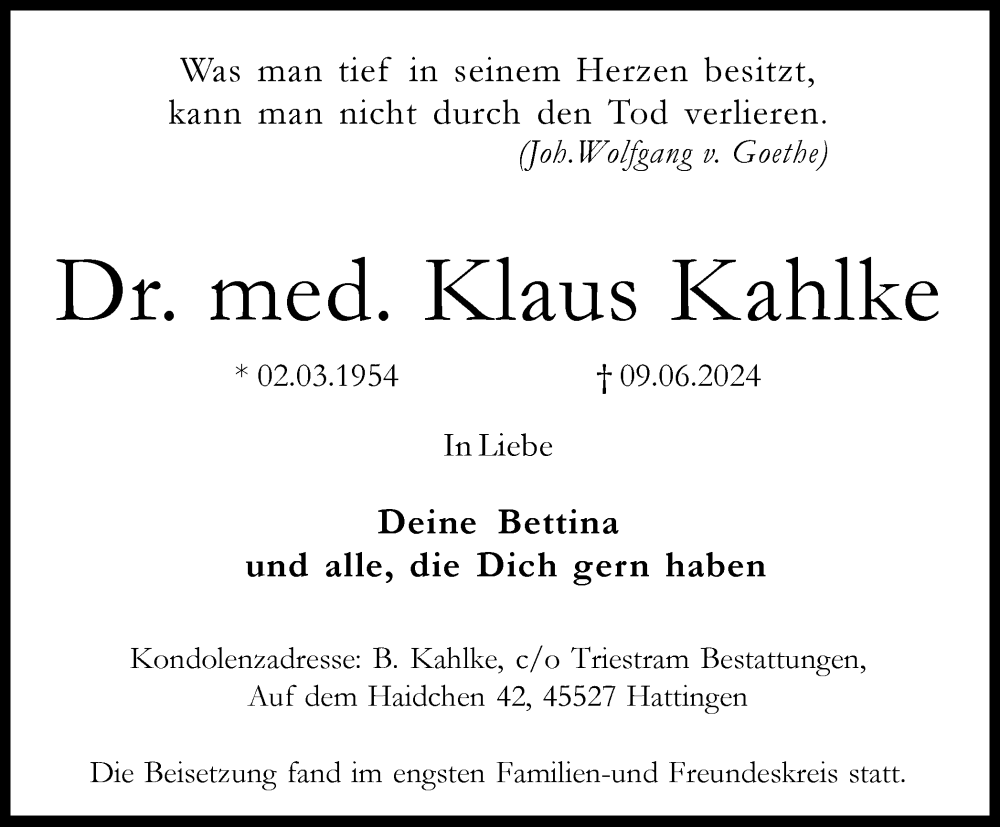  Traueranzeige für Klaus Kahlke vom 29.06.2024 aus Tageszeitung