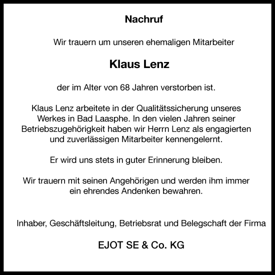 Traueranzeige von Klaus Lenz von Tageszeitung