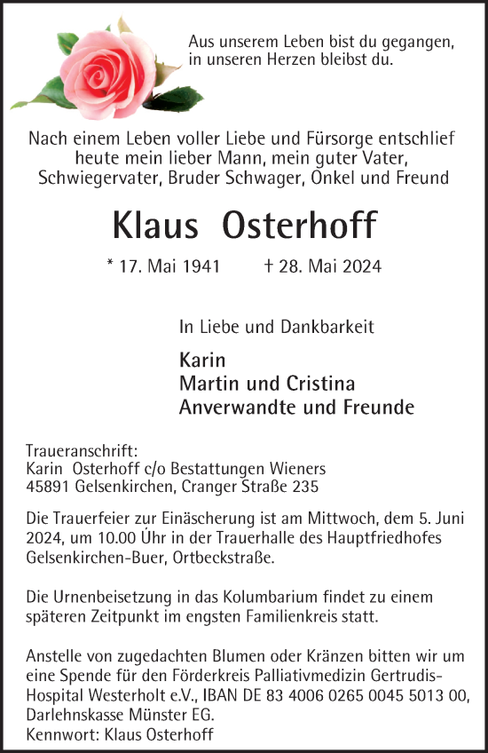 Traueranzeige von Klaus Osterhoff von Tageszeitung