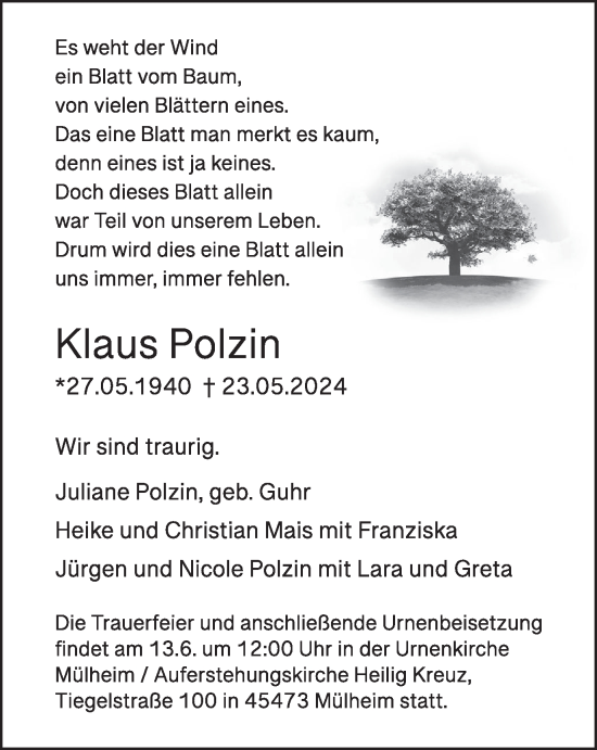 Traueranzeige von Klaus Polzin von Tageszeitung