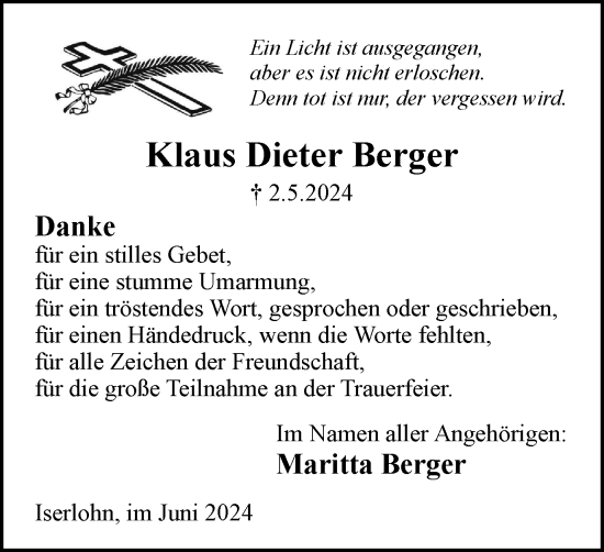 Traueranzeige von Klaus Dieter Berger von Tageszeitung