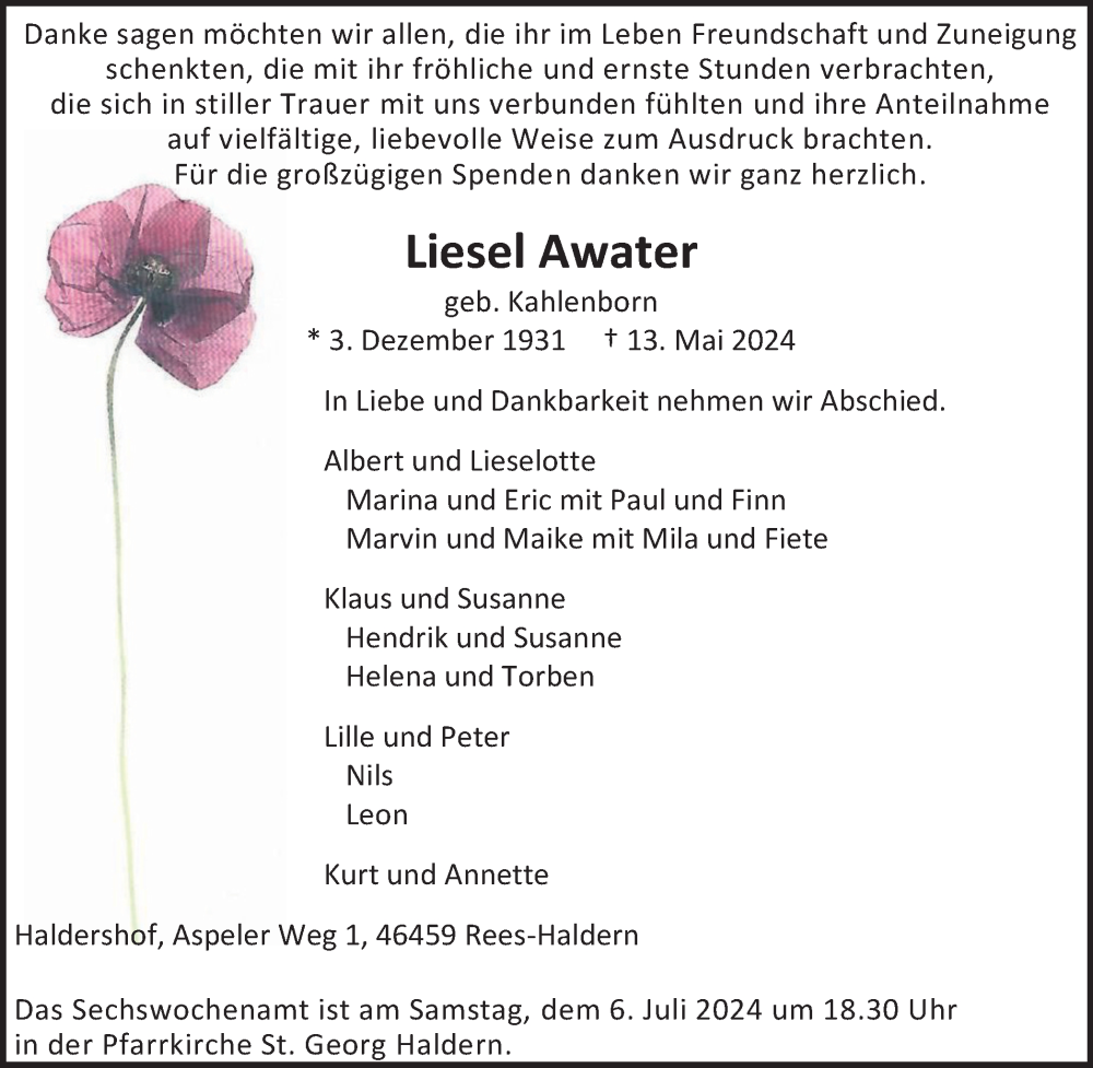  Traueranzeige für Liesel Awater vom 29.06.2024 aus Tageszeitung
