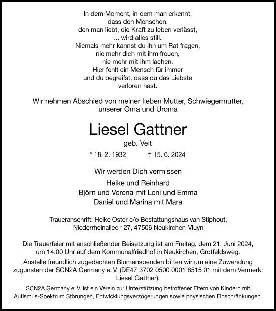 Traueranzeige von Liesel Gattner von Tageszeitung