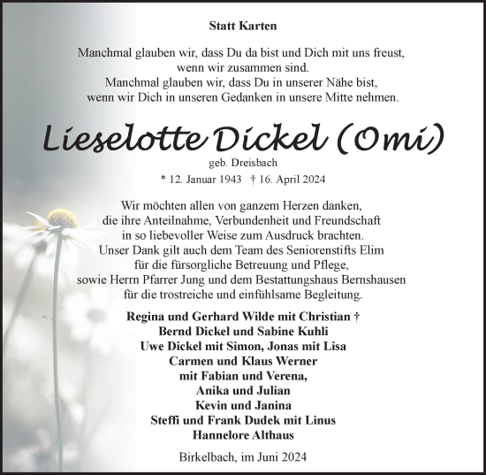 Traueranzeige von Lieselotte Dickel von Tageszeitung