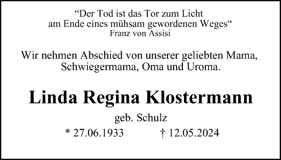 Traueranzeige von Linda  Klostermann von Tageszeitung