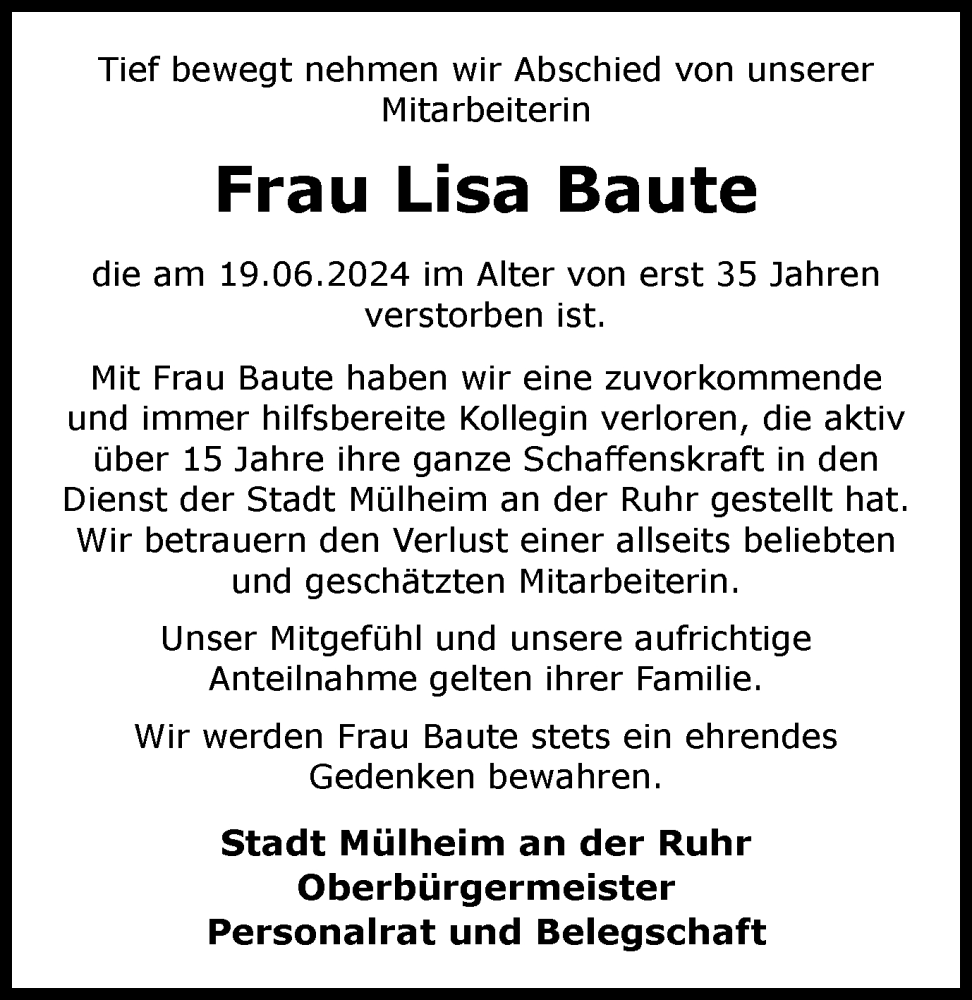  Traueranzeige für Lisa Baute vom 29.06.2024 aus Tageszeitung
