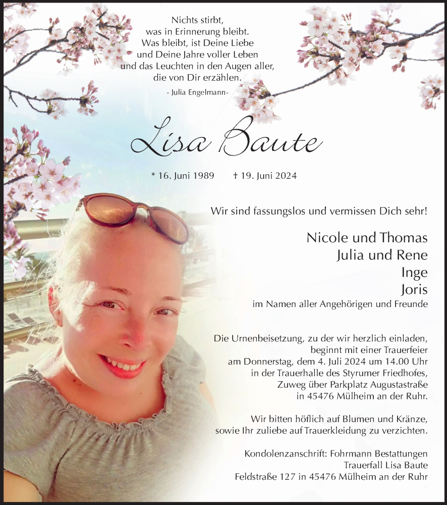  Traueranzeige für Lisa Baute vom 29.06.2024 aus Tageszeitung