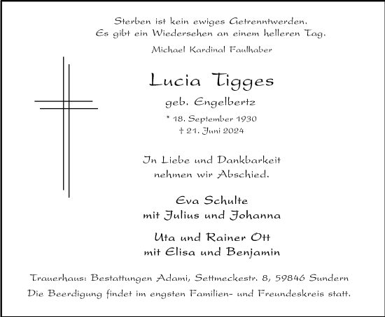 Traueranzeige von Lucia Tigges von Tageszeitung