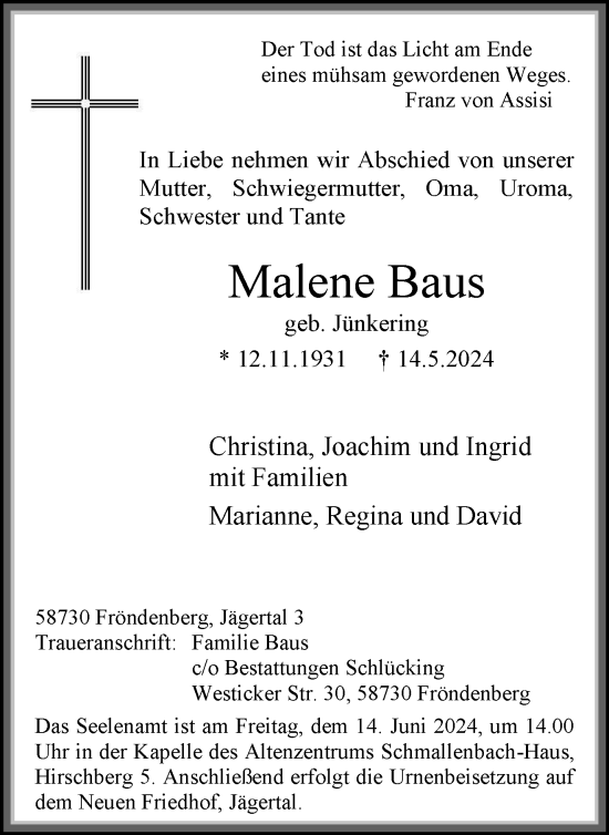 Traueranzeige von Malene Baus von Tageszeitung
