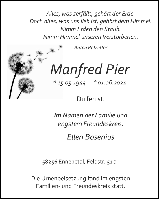 Traueranzeige von Manfred Pier von Tageszeitung