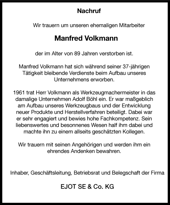 Traueranzeige von Manfred Volkmann von Tageszeitung