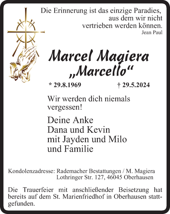 Traueranzeige von Marcel Magiera „Marcello“ von Tageszeitung