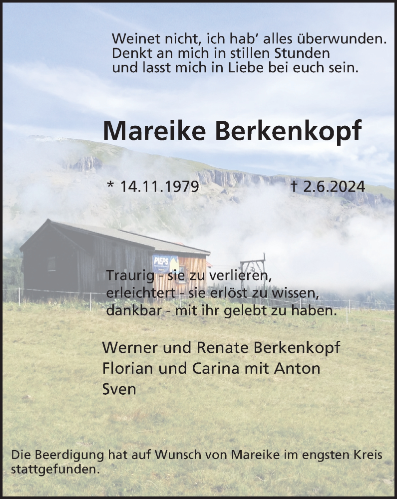  Traueranzeige für Mareike Berkenkopf vom 22.06.2024 aus Tageszeitung