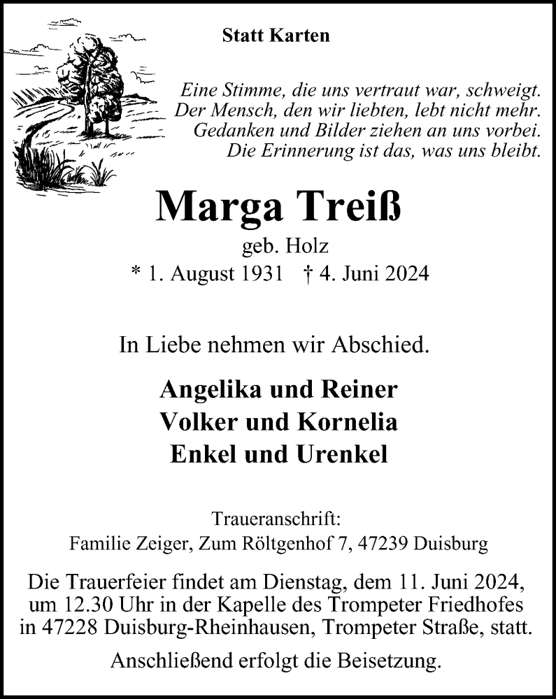  Traueranzeige für Marga Treiß vom 08.06.2024 aus Tageszeitung