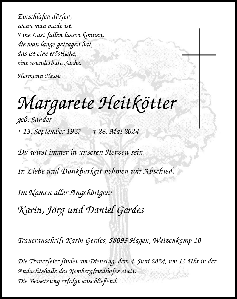  Traueranzeige für Margarete Heitkötter vom 01.06.2024 aus Tageszeitung