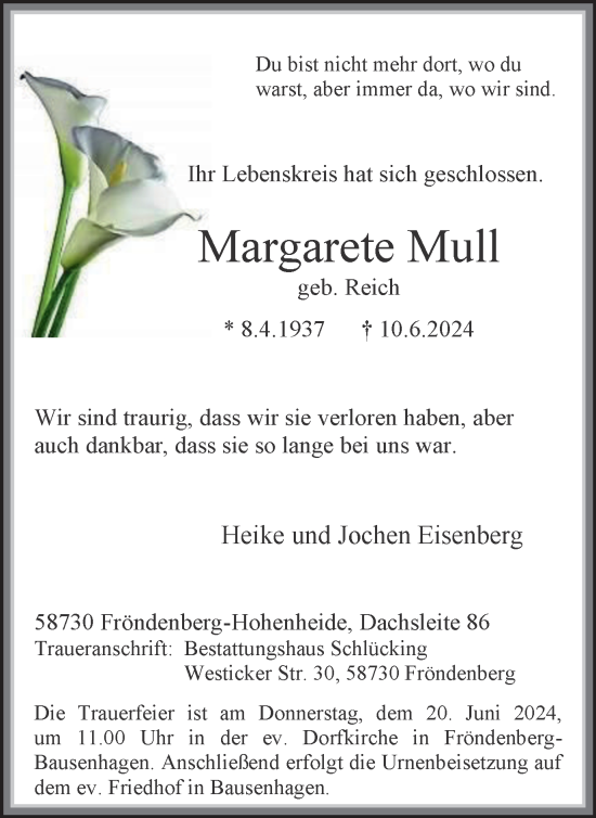 Traueranzeige von Margarete Mull von Tageszeitung