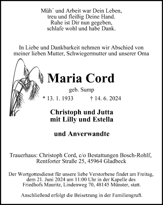 Traueranzeige von Maria Cord von Tageszeitung