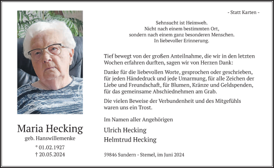 Traueranzeige von Maria Hecking von Tageszeitung