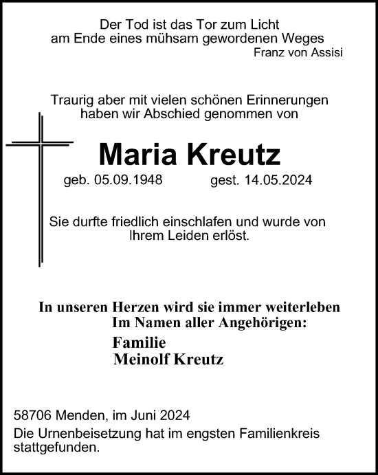 Traueranzeige von Maria Kreutz von Tageszeitung