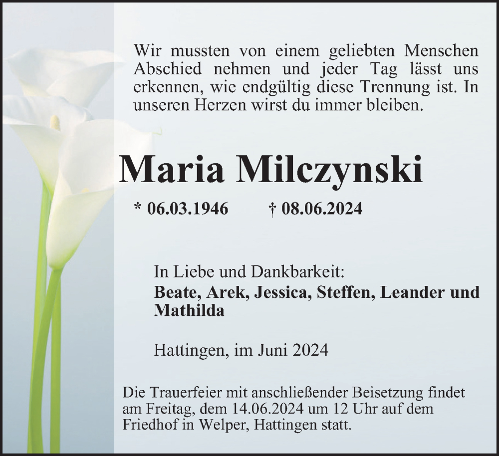  Traueranzeige für Maria Milczynski vom 13.06.2024 aus Tageszeitung