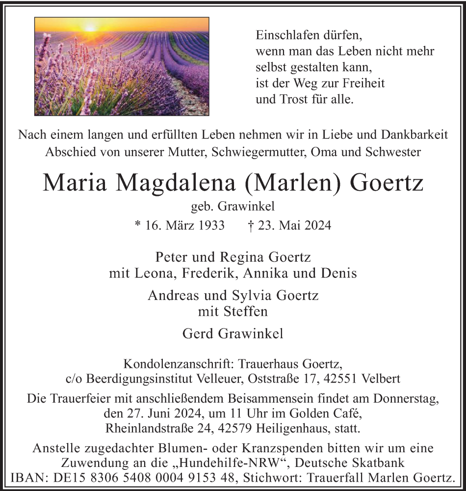  Traueranzeige für Maria Magdalena Goertz vom 08.06.2024 aus Tageszeitung