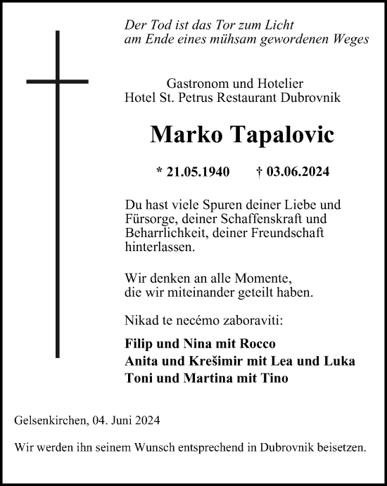 Traueranzeige von Marko Tapalovic von Tageszeitung
