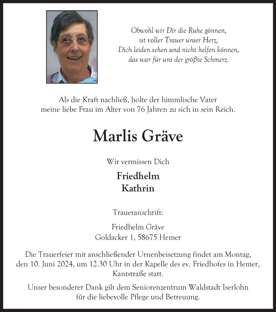 Traueranzeige für Marlis Gräve vom 01.06.2024 aus Tageszeitung