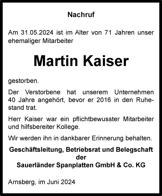 Traueranzeige von Martin Kaiser von Tageszeitung