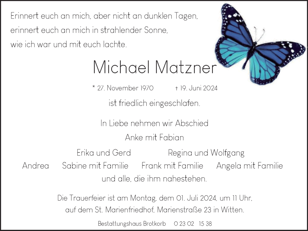  Traueranzeige für Michael Matzner vom 22.06.2024 aus Tageszeitung