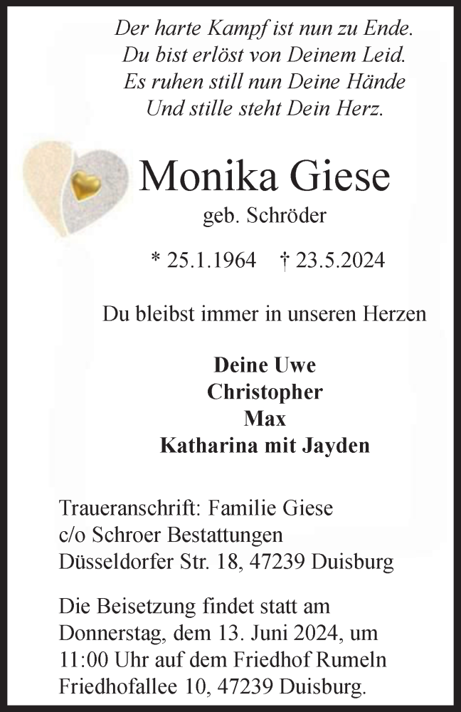  Traueranzeige für Monika Giese vom 12.06.2024 aus Tageszeitung