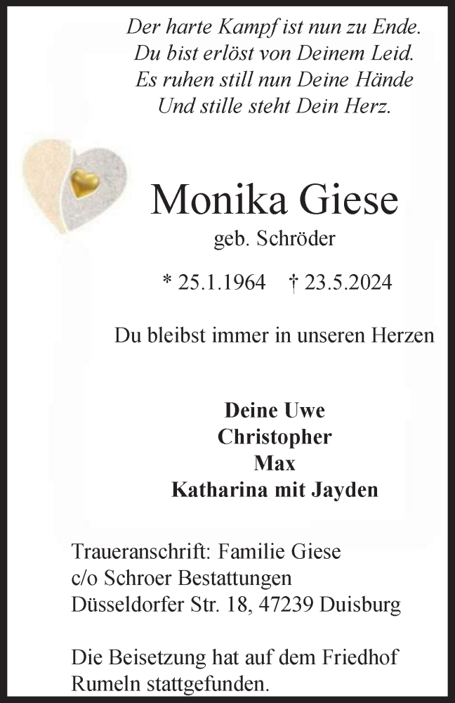  Traueranzeige für Monika Giese vom 15.06.2024 aus Tageszeitung